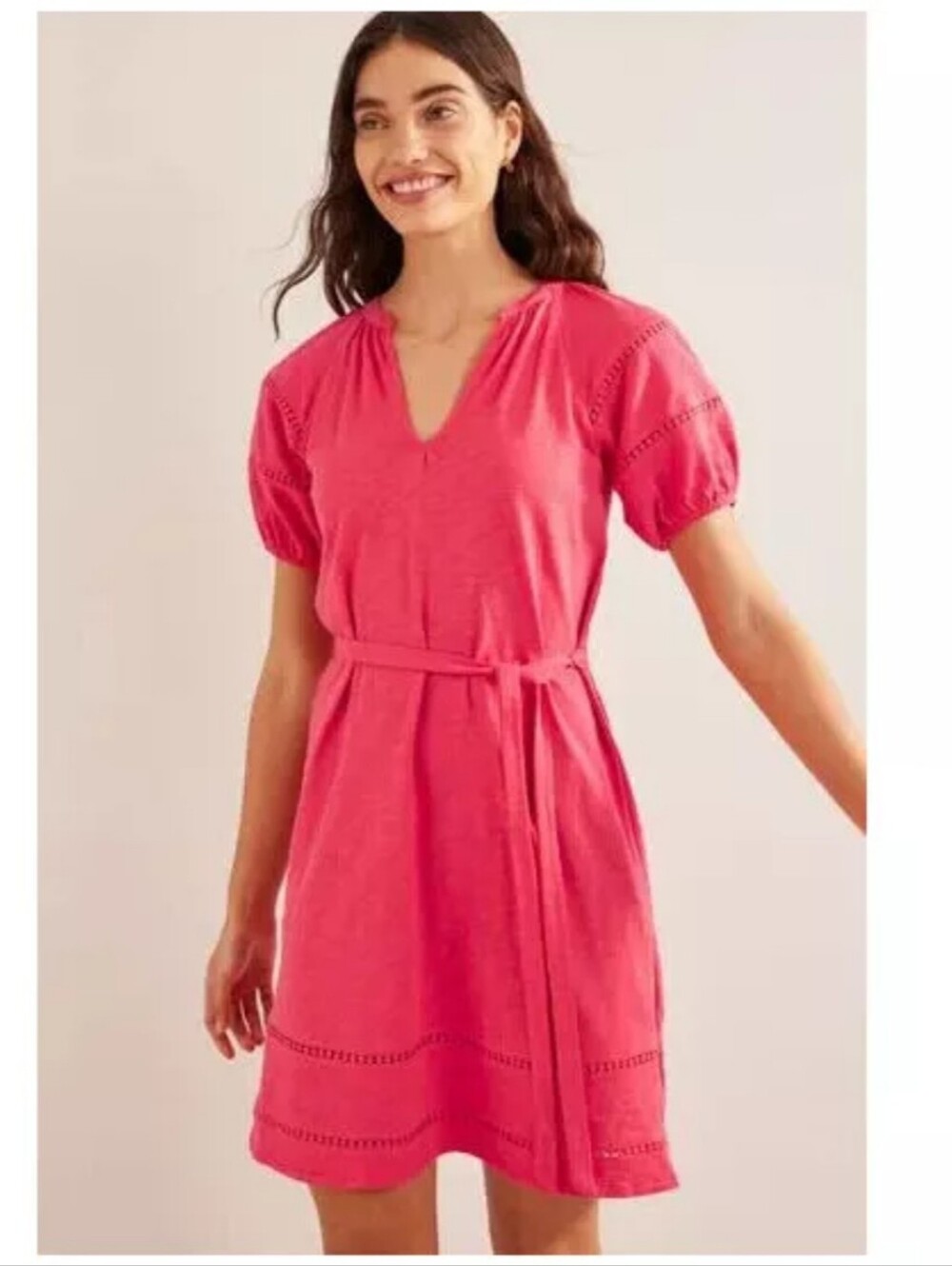 Boden Coral-Pink Mini Weekender Dress with Tie Belt